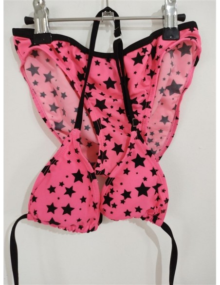 Costum de baie din doua piese roz cu stelute negre