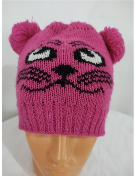 Caciula mov tricotata fin cu moate si imprimeu pisicuta