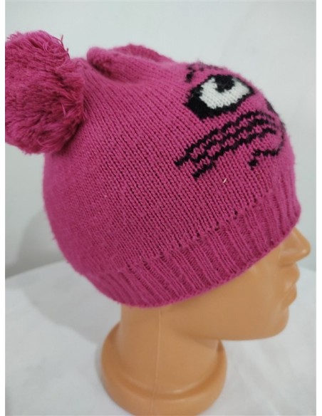 Caciula mov tricotata fin cu moate si imprimeu pisicuta