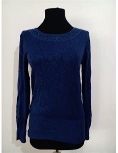 Pulover albastru inchis model rotund la gat
