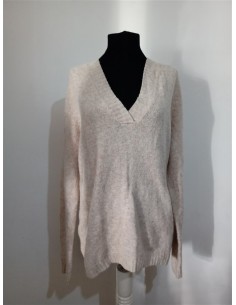 Pulover bej decolteu V model oversize