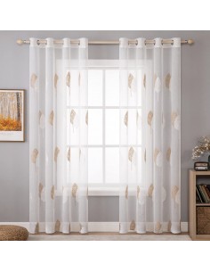 MIULEE Set de 2 Perdele Voile motiv frunze alb maro