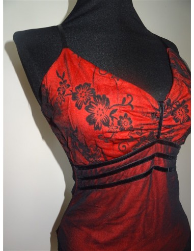 Maieu elegant din saten rosu cu imprimeu flori negre