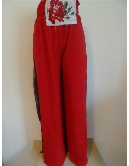 Pantalon lung rosu elegant dama cu dantela laterala
